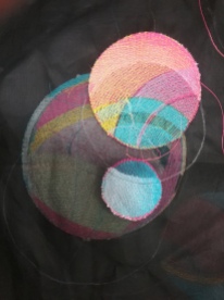 Close up.Digital Embroidery on black cotton organdi